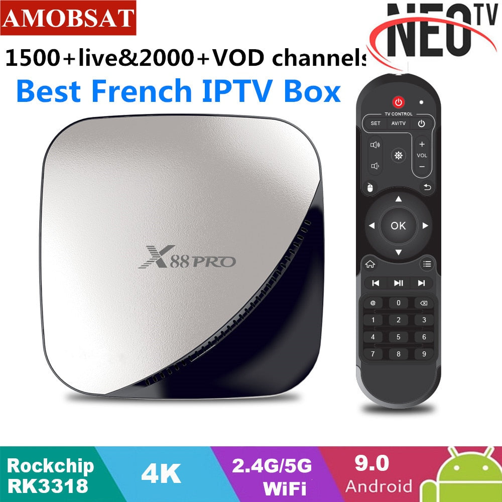 X88 pro Android 9.0 TV Box 4G 64G+1 Year NEO pro French IPTV Subscription 4K HDR Set Top Box USB 3.0 Support 3D Movie Ott TV Box