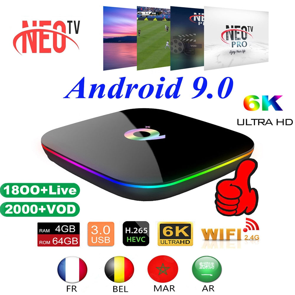 TV Box Android9.0 Q Plus+1 Year NEO Pro IPTV Subscription France Spanish Italia Smart IPTV WiFi Set Top Box 6K Home Media Player